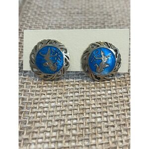 Vintage Siam Sterling Silver Blue Enamel Goddess Clip On Earrings Thai Niello
